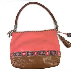 The Sak Indio Hobo Handbag Coral Leather Shoulder Bag Beaded Colorful Bag Charm